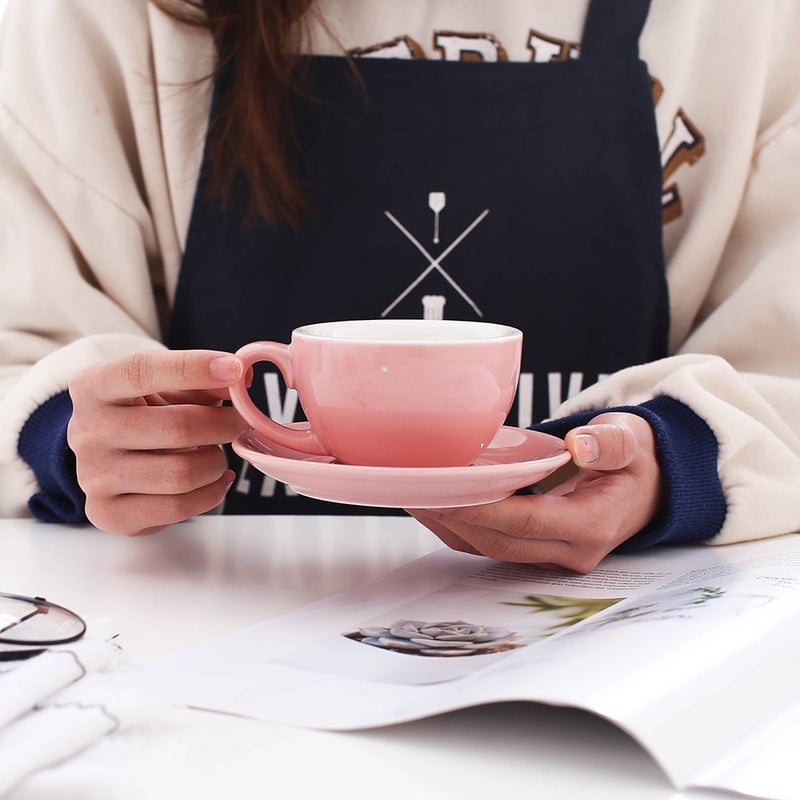 Coffeezone Barista Speciality Coffee Cup and Saucer, Small Cappuccino or Double Espresso Ceramic Cups (Glossy Pink, 5 oz) - Image 2